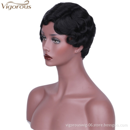 Vigorous Short Finger Wave Curly Wigs for Black Women African American Synthetic Retro Hair Wig Heat Resistant Fiber